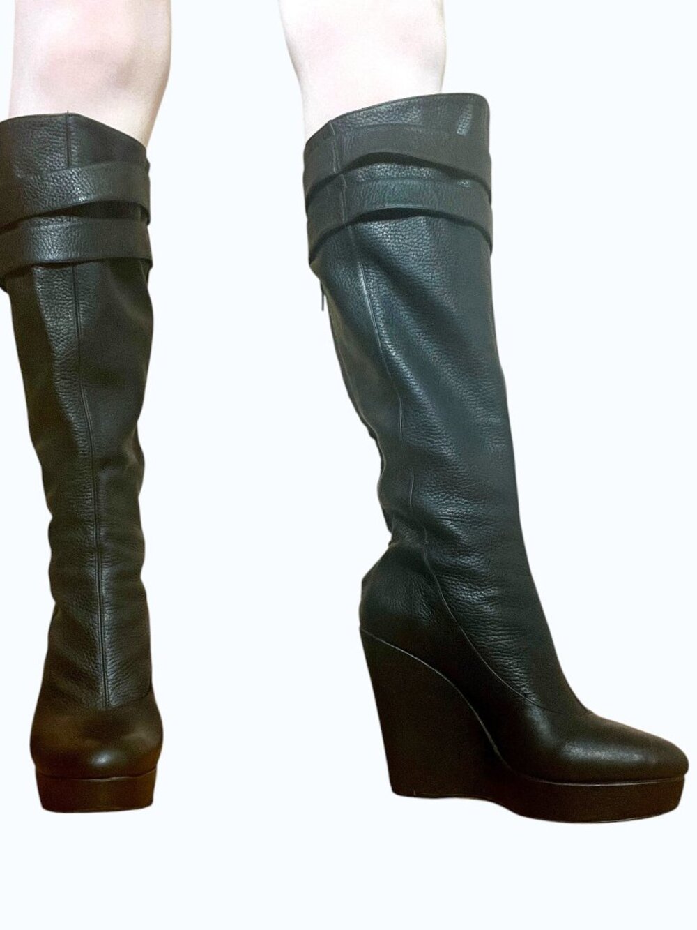 Pour La Victoire Black Pebbled Leather Platform Wedge Knee High Boots 4.5" Heel